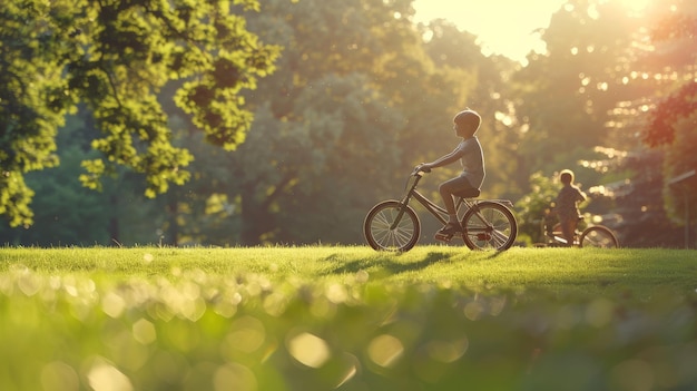 Een jonge jongen rijdt vreugdevol op zijn fiets door een levendig park