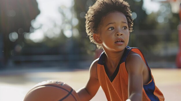 Foto een jonge jongen speelt basketbal op een veld