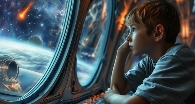 Een jonge jongen staart uit het raam van een ruimteschip met ogen vol verwondering en nieuwsgierigheid naar het universum.