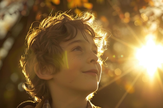 Een jonge jongen staat verbaasd en nieuwsgierig naar de heldere zon te kijken. Zijn gezicht wordt verlicht door het warme gouden licht.