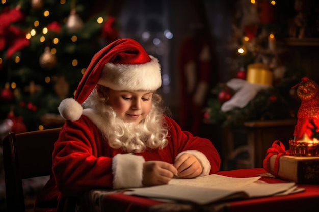 Een jonge jongen verkleed als kerstman schrijft zijn cadeauwensen op in een brief aan de kerstman, waarin hij de magie van Kerstmis en Nieuwjaar vastlegt