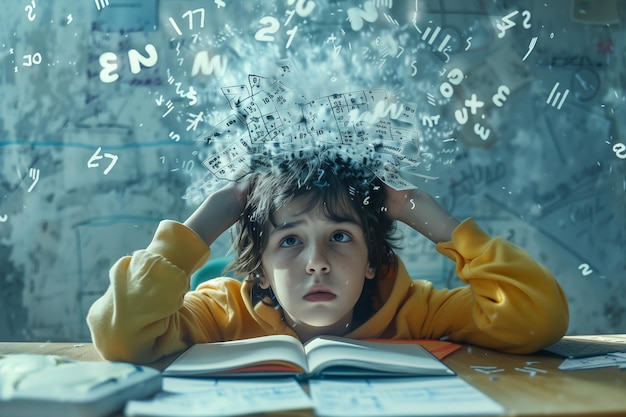 Een jonge jongen worstelt met een storm van wiskundige vergelijkingen en formules