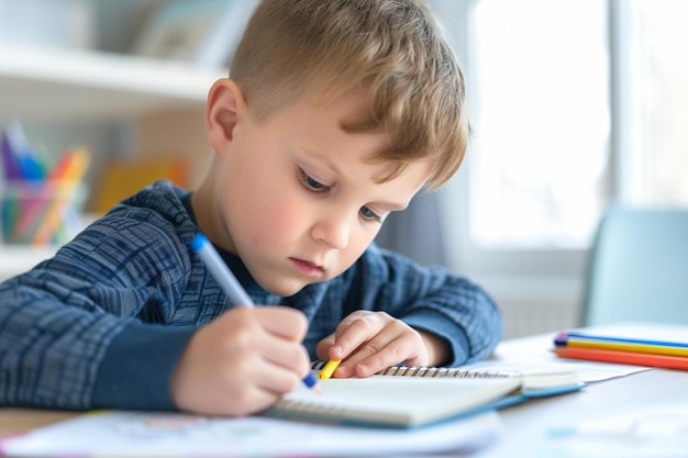 een jonge jongen zit aan een tafel met een notitieboek en een potlood