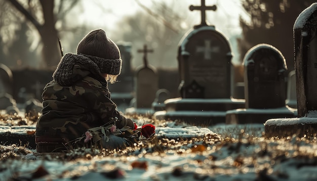 Een jonge jongen zit op een begraafplaats omringd door rode bloemen.