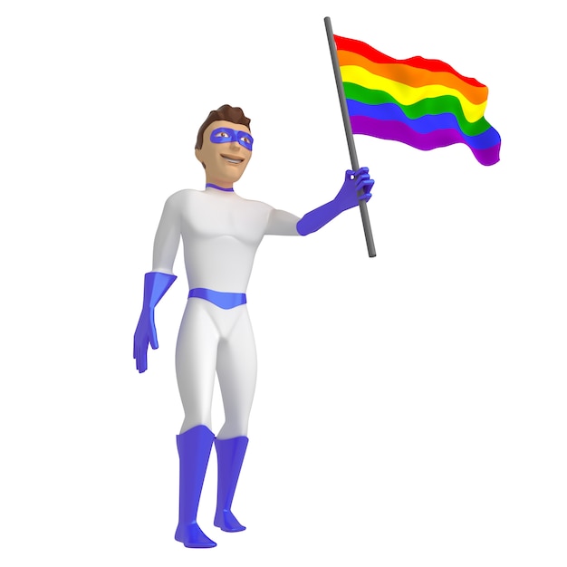 Een jonge kerel in het kostuum van een superheld met een regenboogvlag in zijn handen.