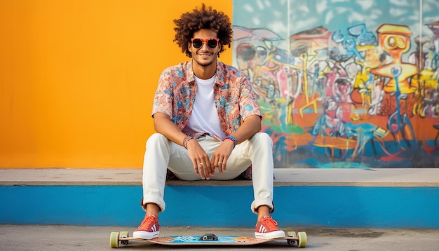 Een jonge knappe atletische trendy alternatieve man houdt een skateboard vast