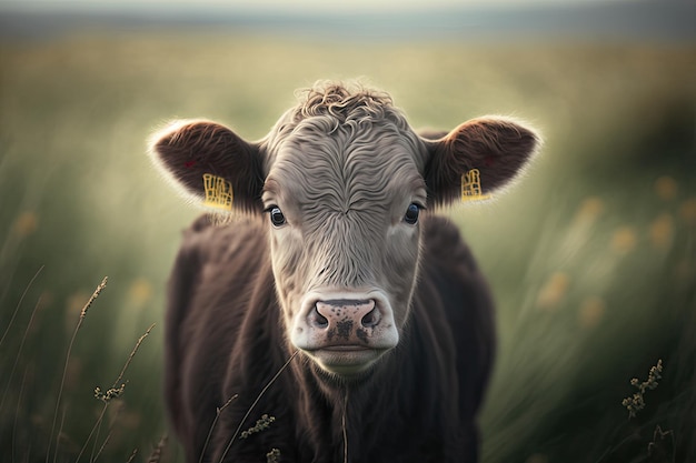 Een jonge koe in een weiland kijkt recht in de camera terwijl de achtergrond onscherp is