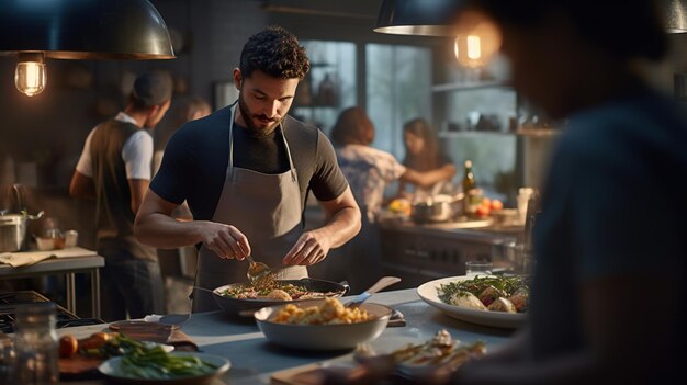 Een jonge kok die eten bereidt in de drukke keuken