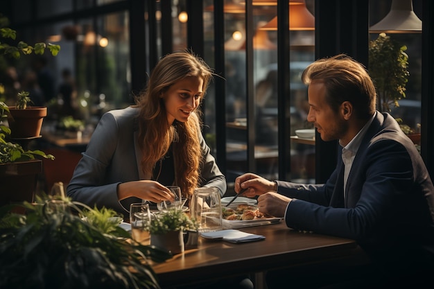 Een jonge leidinggevende man en vrouw eten in een restaurant.