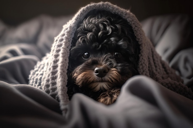 Een jonge Maltipoo-hond onder een deken Het huisdier koestert zich onder de plaid Generative AI
