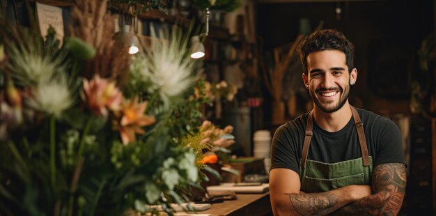 een jonge man bloemist in een bloemenwinkel