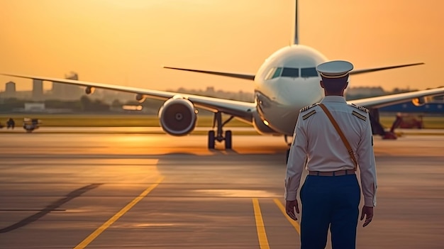 Een jonge man die bij een luchtvaartmaatschappij werkt en de hoed van de kapitein aanraakt en glimlacht terwijl hij op het vliegveld staat met een vliegtuig