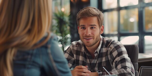 Een jonge man die een gesprek voert met een collega op kantoor, gelukkige collega's die praten, praten, spreken, genieten van een pauze op de werkplek, een glimlachende werkzoeker die zich voorstelt tijdens een interview.