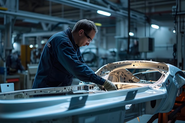 Een jonge man die in een fabriek aan een carrosserie werkt