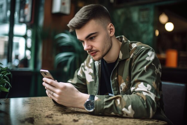 Een jonge man die zijn smartphone gebruikt om te chatten terwijl hij aan het werk is in een café dat is gemaakt met generatieve AI