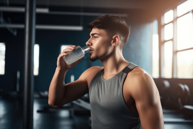 Een jonge man drinkt water tijdens zijn training gemaakt met generatieve AI