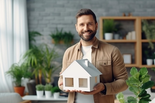 Een jonge man droomt ervan een nieuw huis te kopen Model van het toekomstige huis De vreugde van het kopen van onroerend goed Hypotheek Verhuur van onroerend goed Betaalbare woningen Reclameconcept voor makelaarskantoren