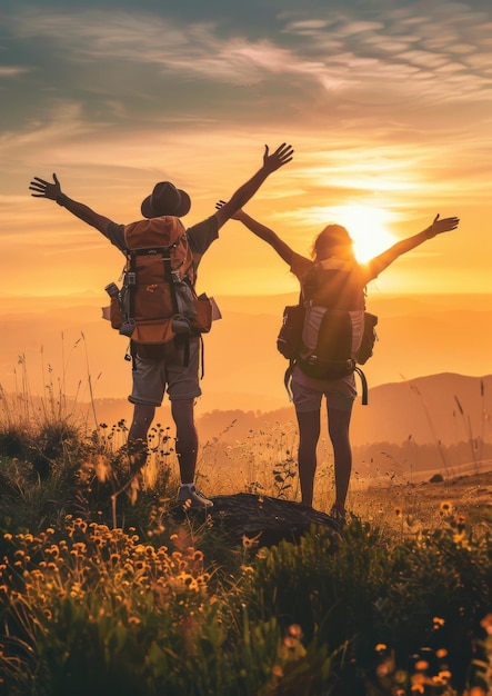 Een jonge man en een jonge vrouw staan op de top van een heuvel met uitgestrekte armen bij zonsondergang