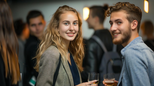 Foto een jonge man en vrouw drinken in een bar, de vrouw glimlacht naar de camera, de man kijkt naar de vrouw.