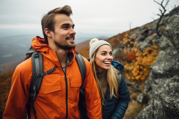 Een jonge man en vrouw genieten van een dagwandeling in de bergen gemaakt met generatieve AI