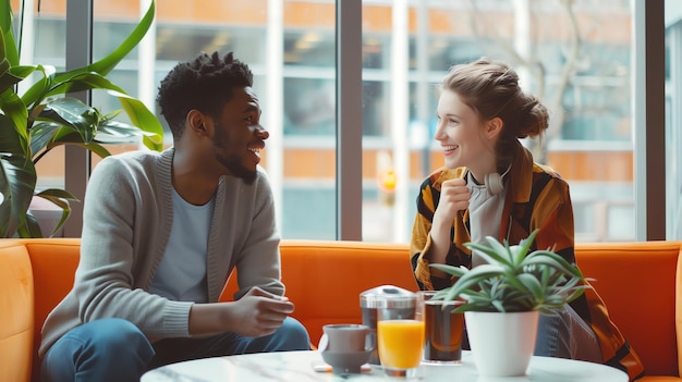 Foto een jonge man en vrouw zitten op een bank in een fel verlichte kamer ze glimlachen allebei en kijken naar elkaar