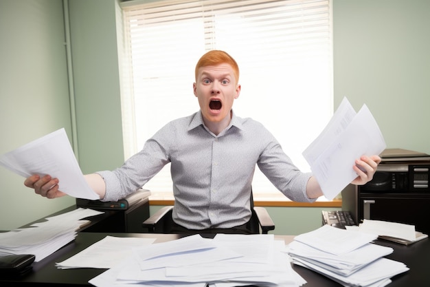 Een jonge man gebruikt een bureau in zijn kantoor terwijl hij papierwerk vasthoudt dat is gemaakt met generatieve AI