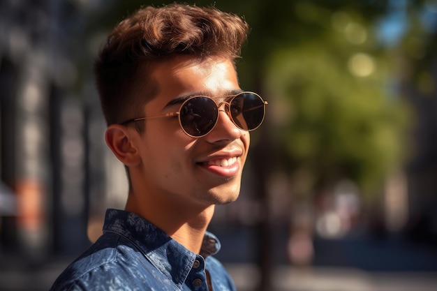 Een jonge man geniet van de zomerzon met een stijlvolle zonnebril gemaakt met generatieve AI