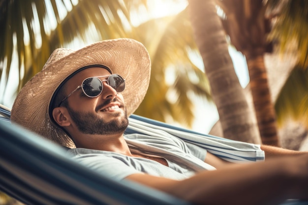 Een jonge man geniet van een ontspannende vakantie in een hangmat op een prachtig strand