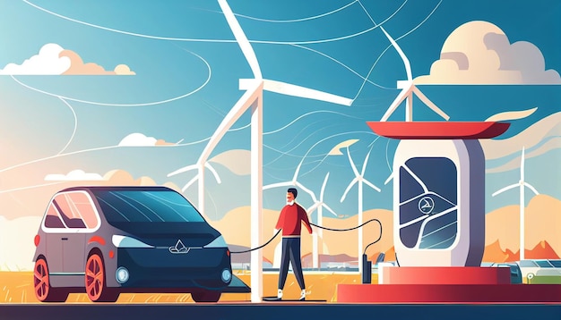 Een jonge man houdt de verbinding terwijl een moderne elektrische suv-auto oplaadt bij een oplaadpunt Windturbines en zonnepanelen op de achtergrond met een grootstedelijk tafereel op de voorgrond Generatieve AI