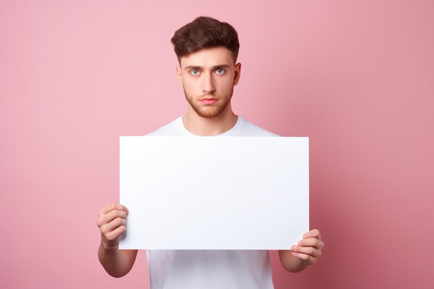 Een jonge man houdt een blank vel papier en een heldere achtergrond vast