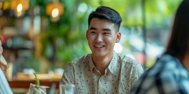 Een jonge man in een casual shirt luistert aandachtig tijdens een zakelijk gesprek in een goed verlichte gezellige café-omgeving