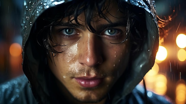 Een jonge man in een kap in de avond in de regen close-up van zijn gezicht