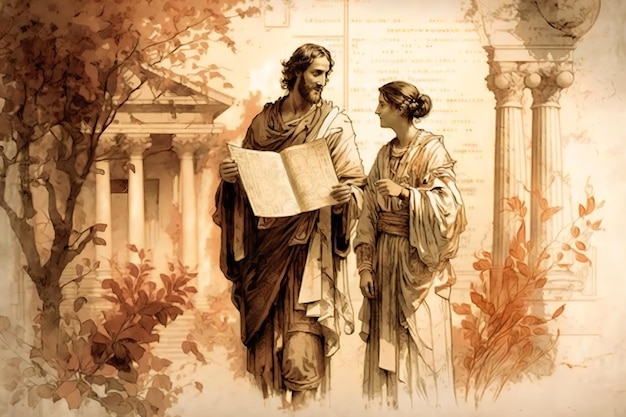 Een jonge man in een oude Griekse tuniek met een papyrusrol in zijn hand staat een gedicht te lezen