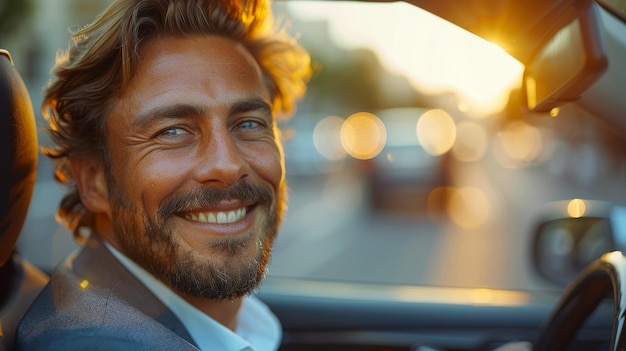 Een jonge man in een pak die glimlacht terwijl hij een auto rijdt een man van stijl en status