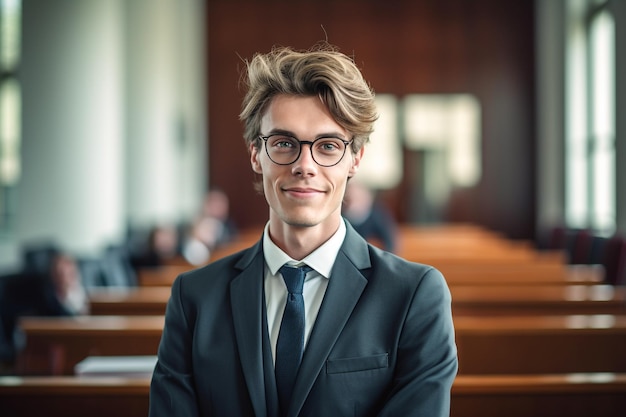 Een jonge man in een pak staat in een kerk met zijn armen over elkaar.