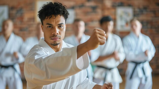 Foto een jonge man in een witte karate gi slaat in de lucht hij heeft een vastberaden blik op zijn gezicht gericht op zijn tegenstander