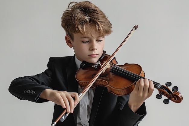 Een jonge man in een zwart pak verscheen zelf op de viool over een witte omgeving Generatieve AI