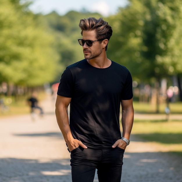 Een jonge man in een zwart t-shirtmodel