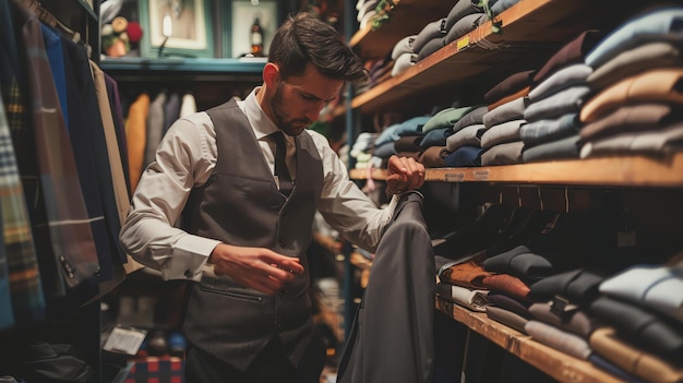Een jonge man is aan het winkelen voor een pak in een winkel Hij kijkt naar een pakjas en