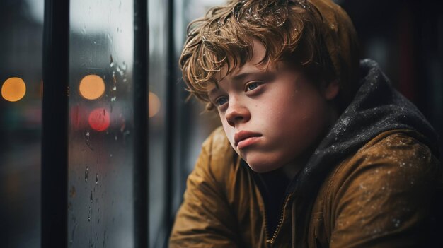 Een jonge man kijkt uit het raam met een droevige uitdrukking nadat hij nat is geworden in de regen
