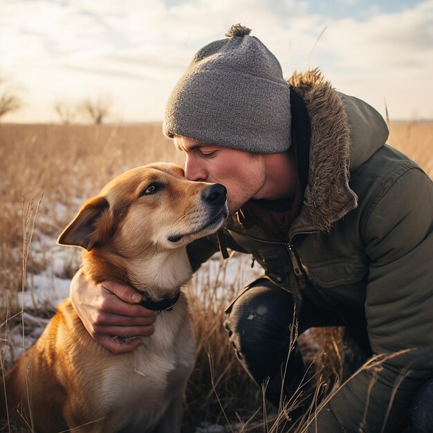 Foto een jonge man kust de hond in het veld op een winterdag.