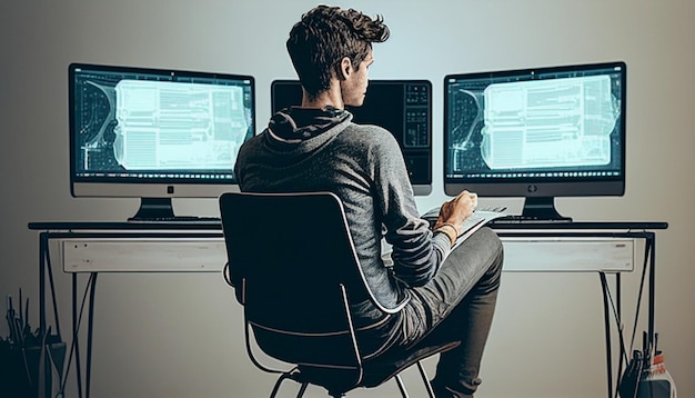 Een jonge man leunt achterover Generatieve AI is gemaakt op een programmeerstoel met drie computers