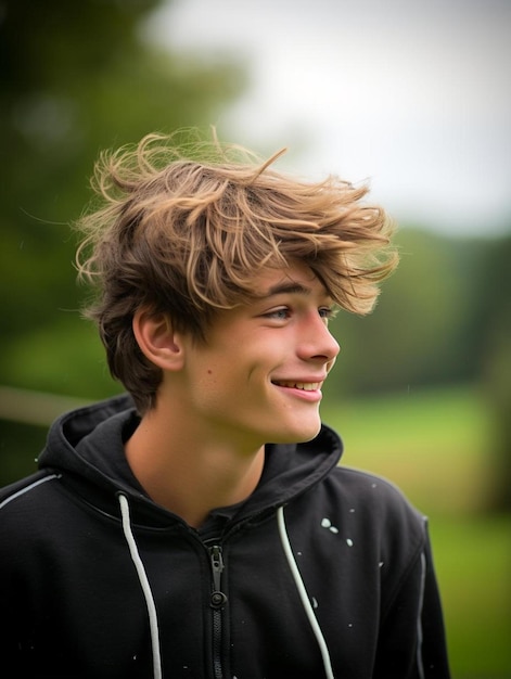 Foto een jonge man met blond haar en een zwarte jas met een witte streep aan de voorkant