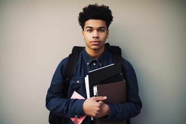 Een jonge man met boeken en een rugzak