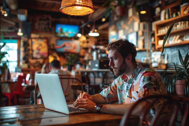 Een jonge man met een baard die zich concentreert op zijn laptop in een levendige koffieshop met eclectische inrichting AI Gener