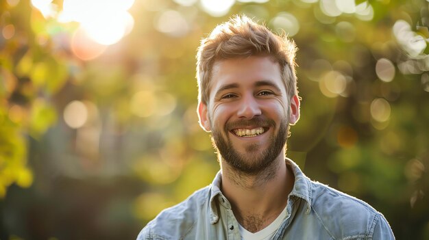 Foto een jonge man met een baard en een vriendelijke glimlach kijkt naar de camera hij draagt een blauw shirt en staat in een park