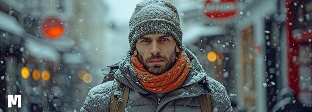 Een jonge man met een baard gekleed in een grijze jas pet en handschoenen en het dragen van een rugzak gaat naar beneden een oude verraderlijke sneeuwbedekte kleine straat