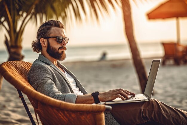 Een jonge man met een baard werkt op het strand met een laptop Verre werk Generatieve AI