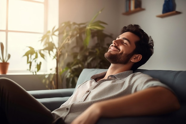 Foto een jonge man met een baard zit op de bank met zijn ogen gesloten en lacht.