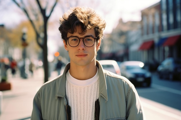 een jonge man met een bril die op straat staat